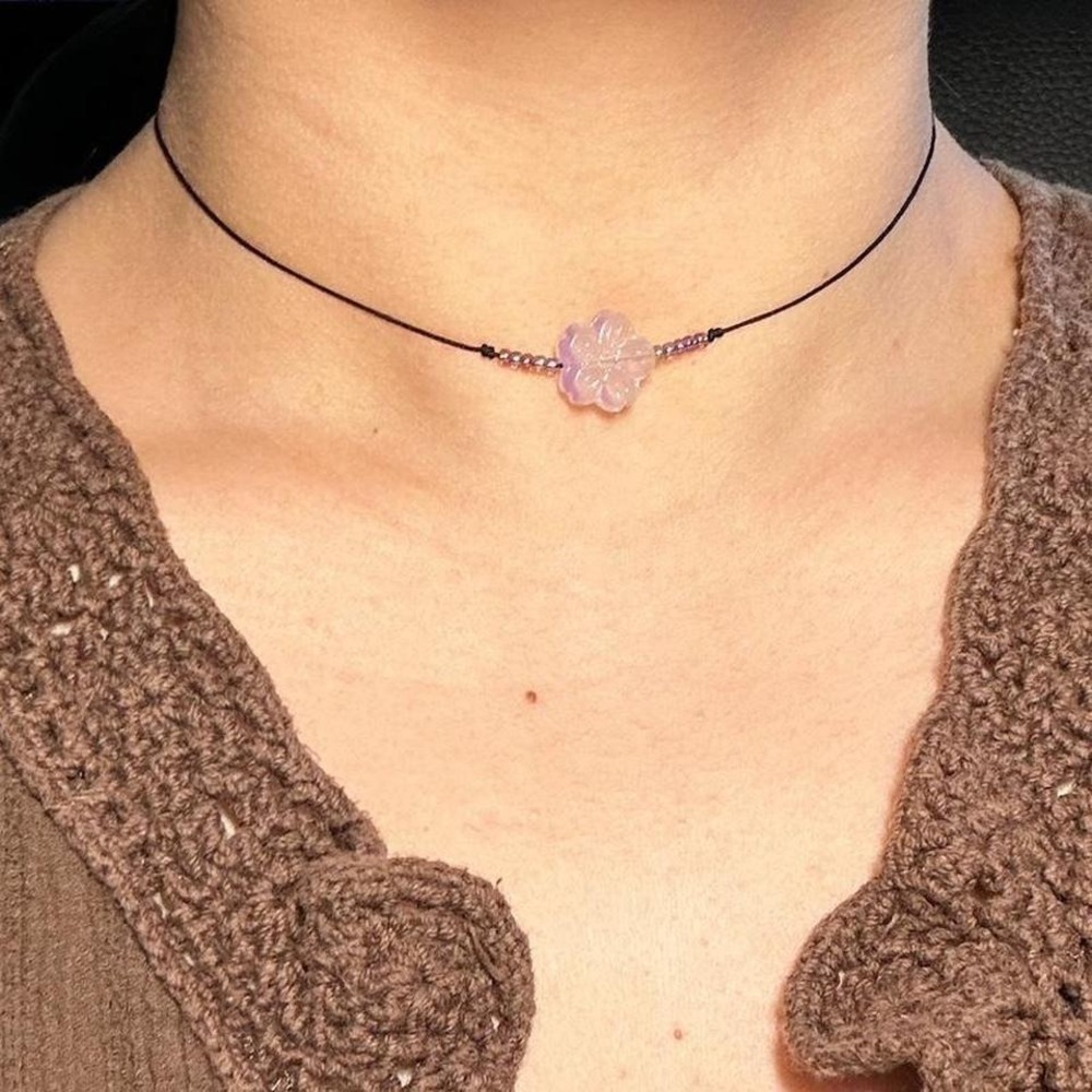 andmade Lilac Glass Flower Choker Necklace Black Cord Iridescent Seed Bead Boho
